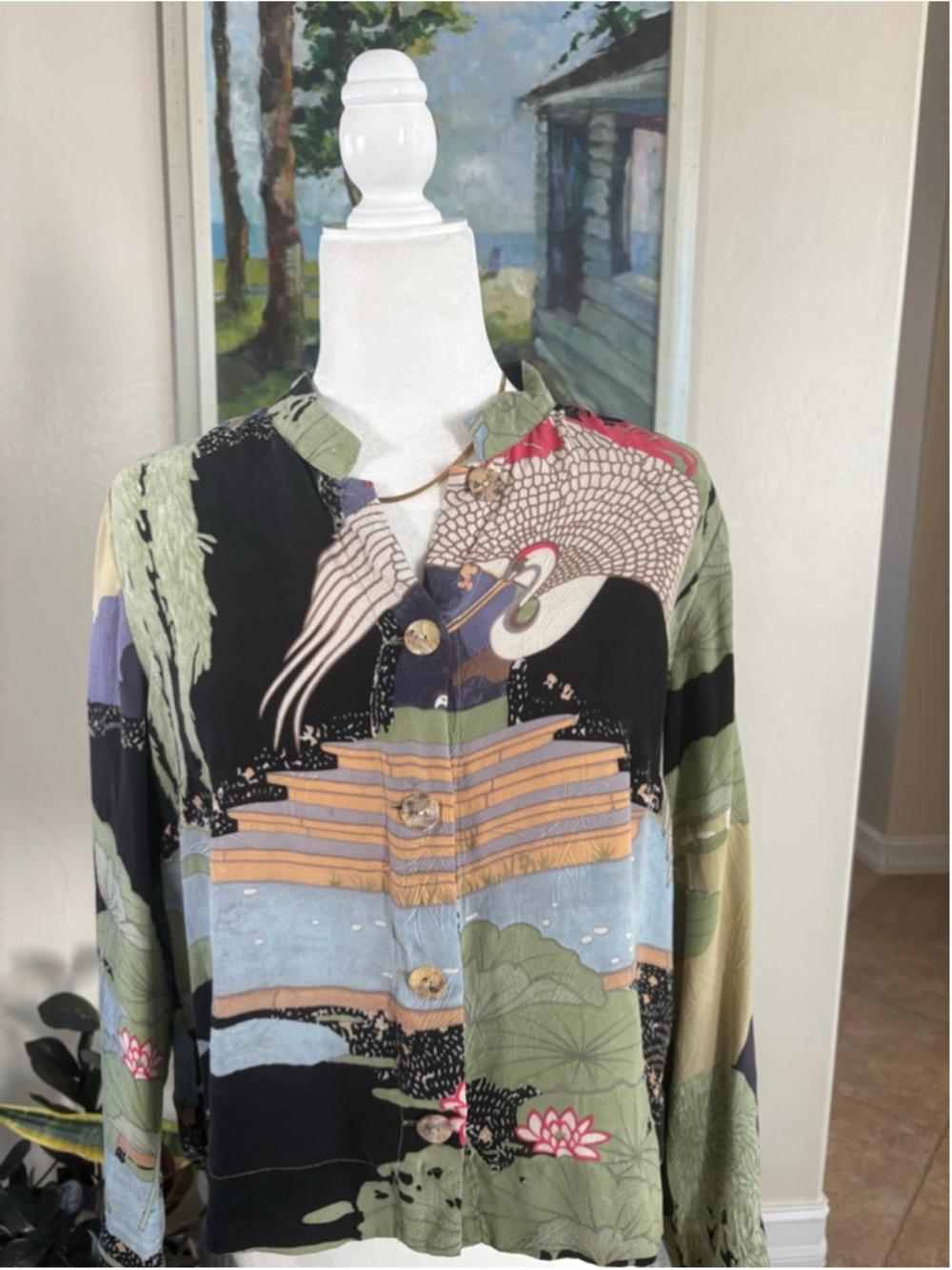 CITRON Black & Green Silk Crane Print Button Down Shirt L, tunic Asian koi Lilly